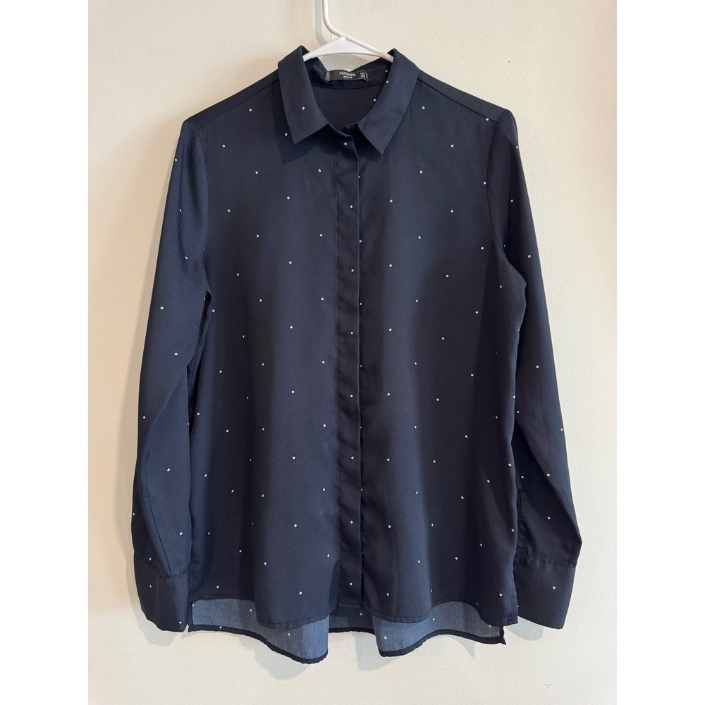 Mango Polka Dot Button Down Shirt Womens 6‎ Navy Blue Hidden Placket